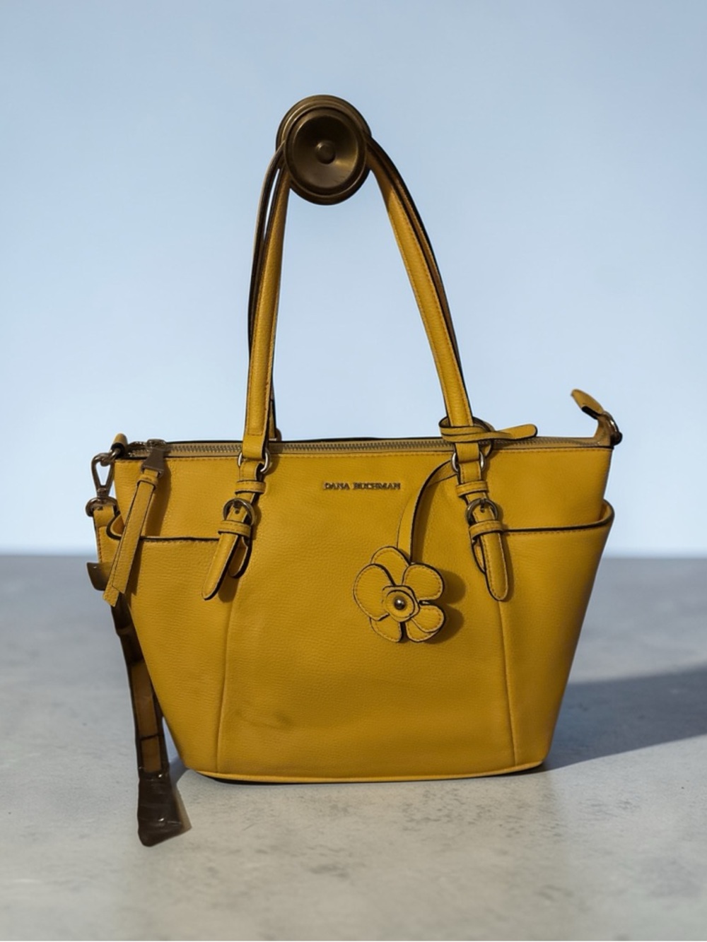 Dana Buchman Mustard Yellow Leather Tote with Flower Charm